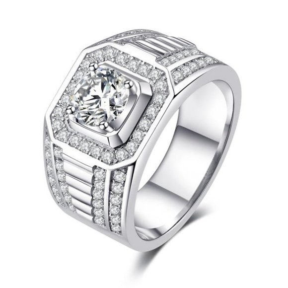 🎁 Fever Square Glitter Zircon Silver Chunky Wedding Rings for Man PD663